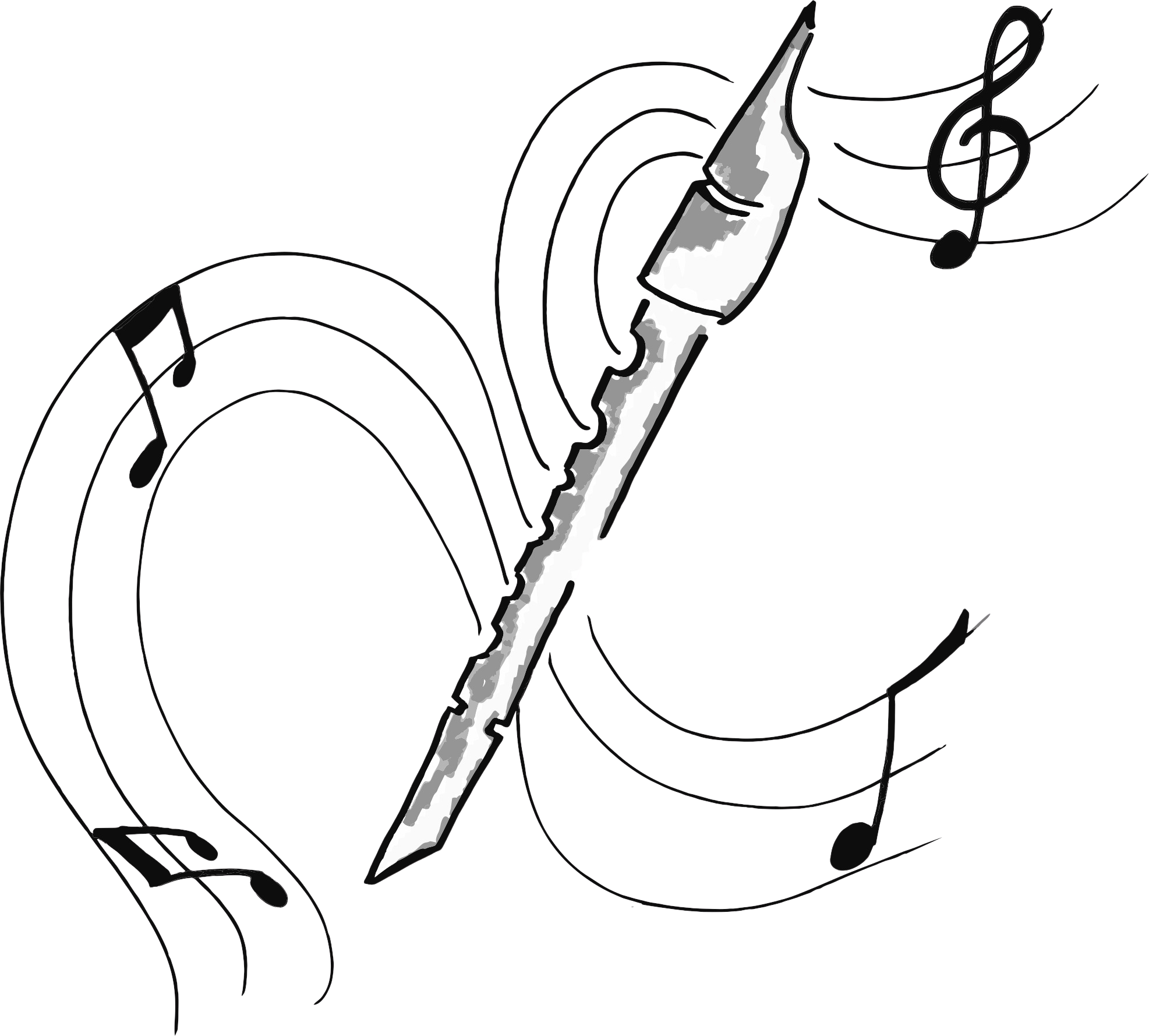 Clipart einer Flöte mit Noten und Notenlinien außen herum